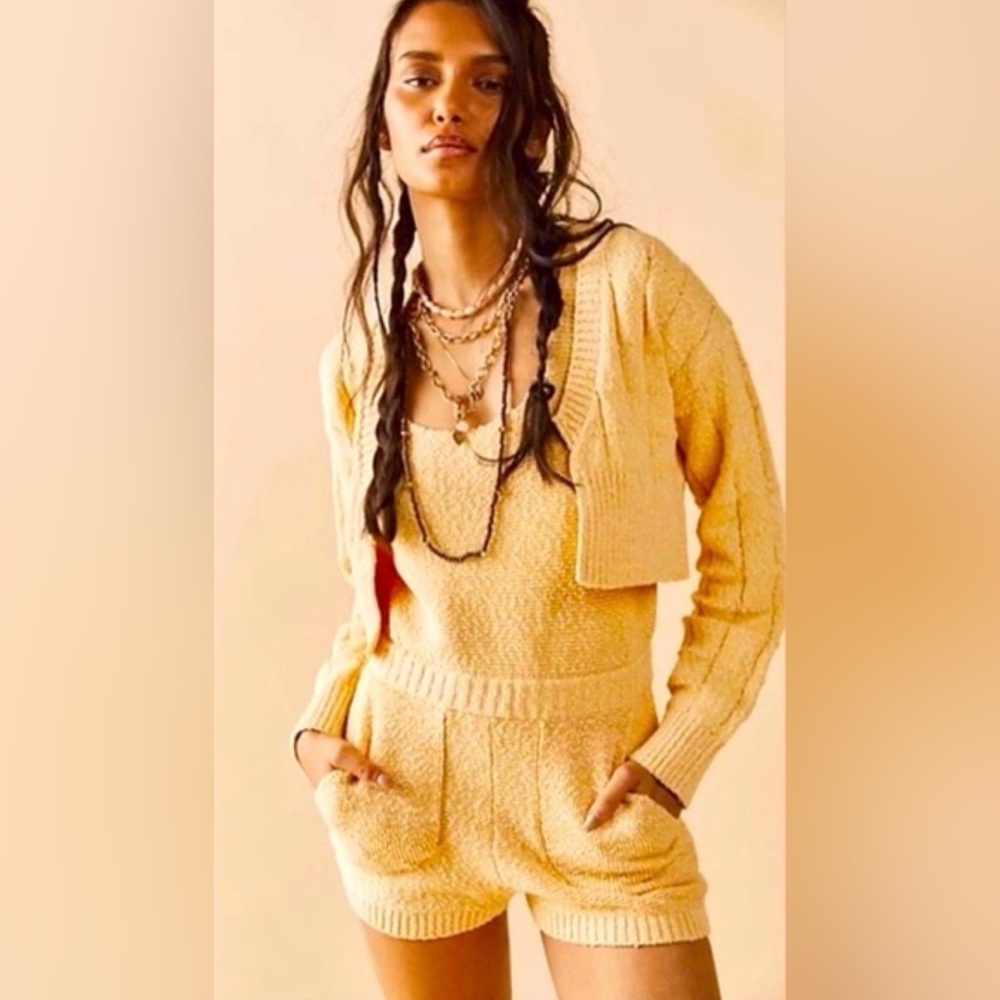 Free People FP Beach Declan Light Yellow Knit Romper Sweater Set XL